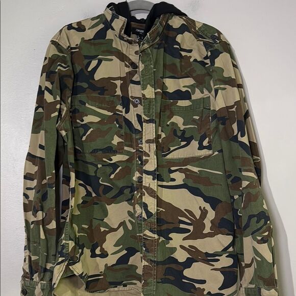 Forever 21 Brown and Green Camouflage Button Up Hooded Jacket - Picture 1 of 14